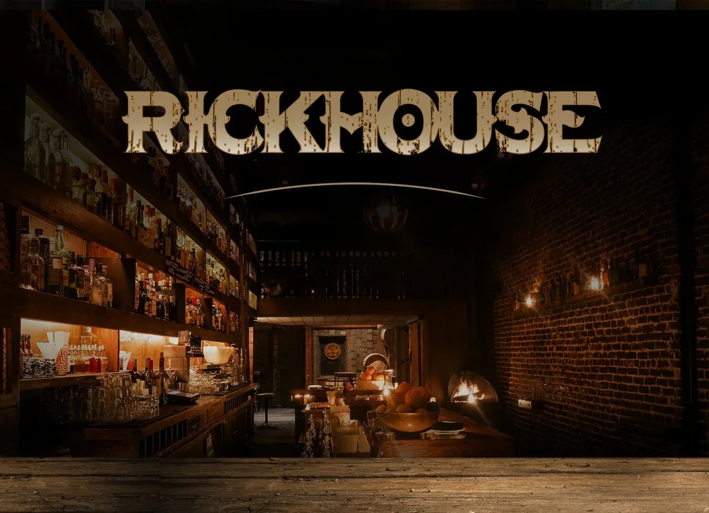 "RICKHOUSE" logo over a dimly lit bar with shelves of liquor bottles.