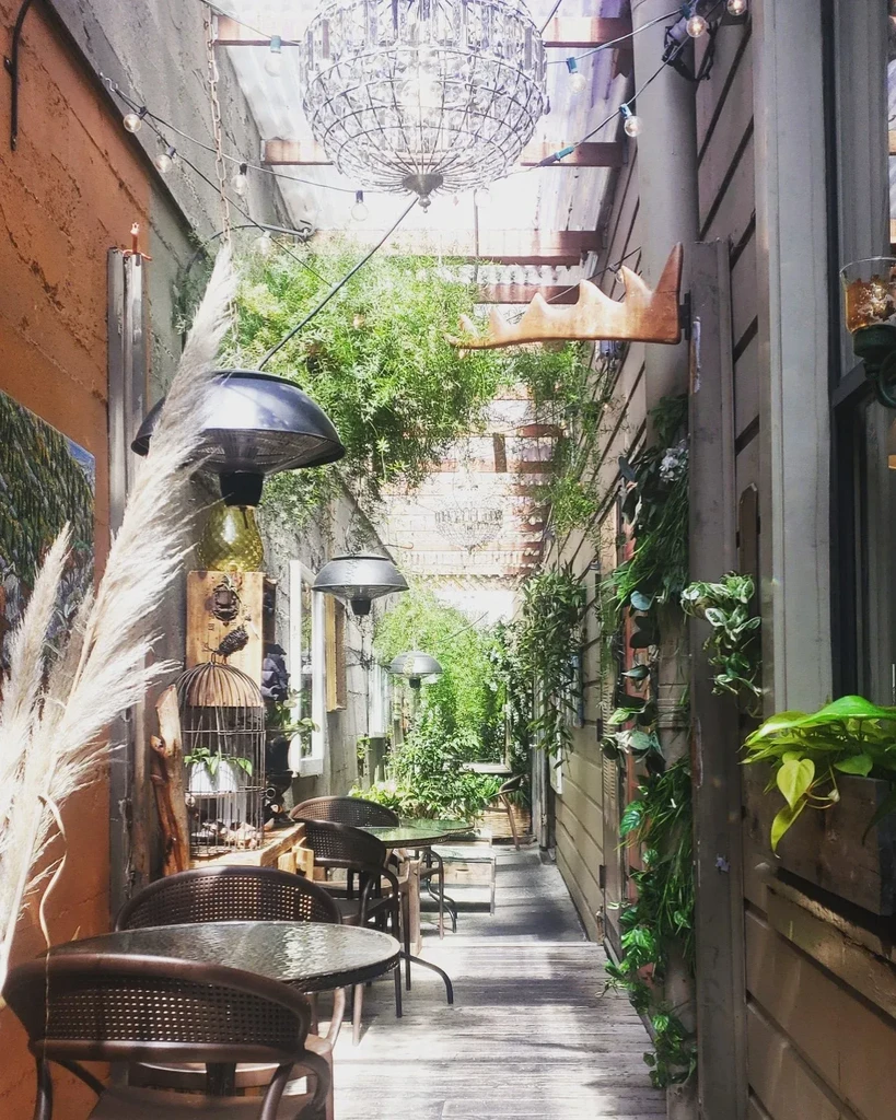 Narrow outdoor cafe alley with tables, chairs, plants, and string lights.