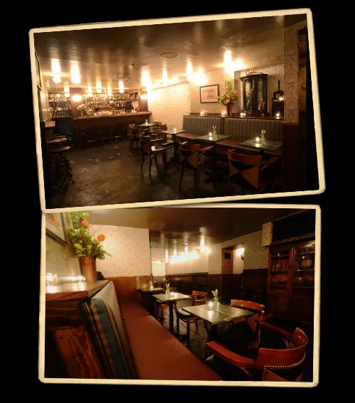 Two photos of an empty, dimly lit bar with tables and booths.