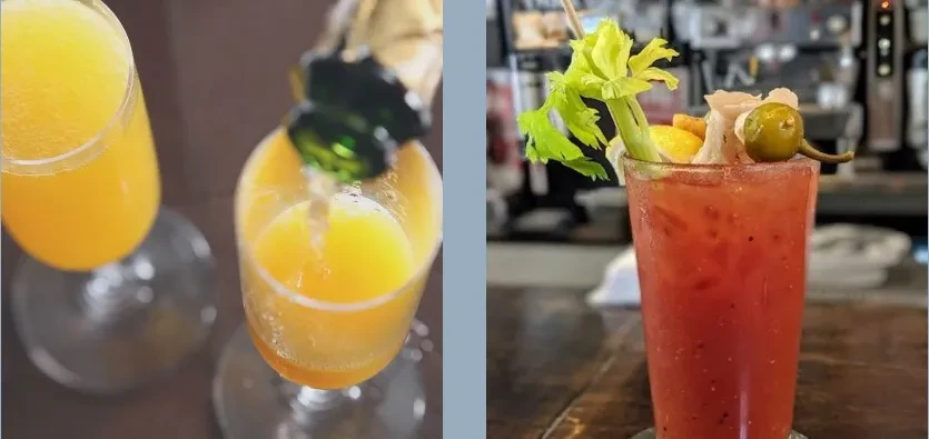 Two images: mimosas being poured, and a bloody mary garnished with celery and olive.