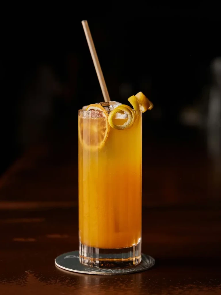 A tall orange cocktail with ice, a straw, and citrus garnish.