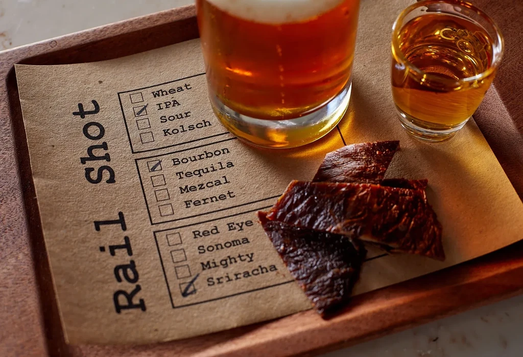 "Rail Shot" menu with drinks and jerky on a wooden tray.