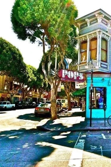 San Francisco street corner with "Pops" bar sign, circa 2013.