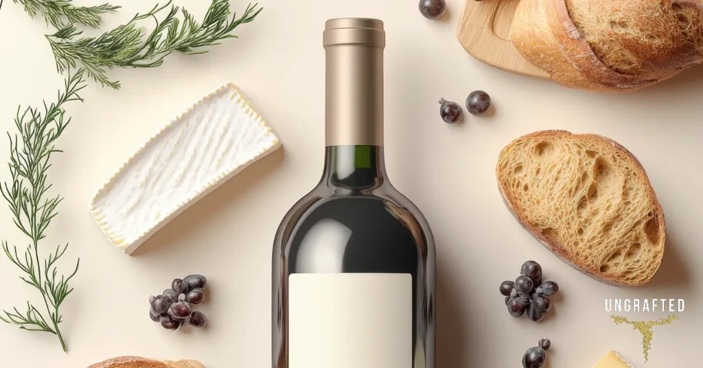 Wine bottle, brie, rosemary, grapes, and bread on light background.