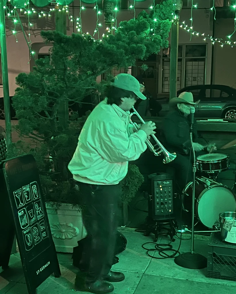 Musicians perform outdoors at night under green string lights.