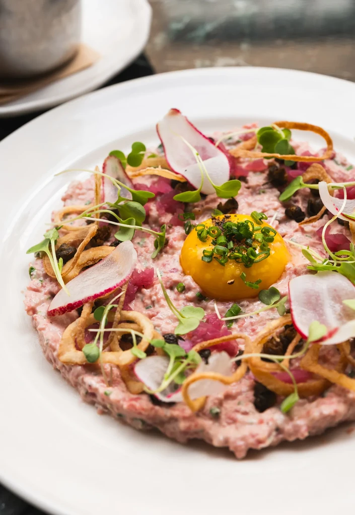 Beef tartare with egg yolk, radishes, microgreens, and crispy onions.