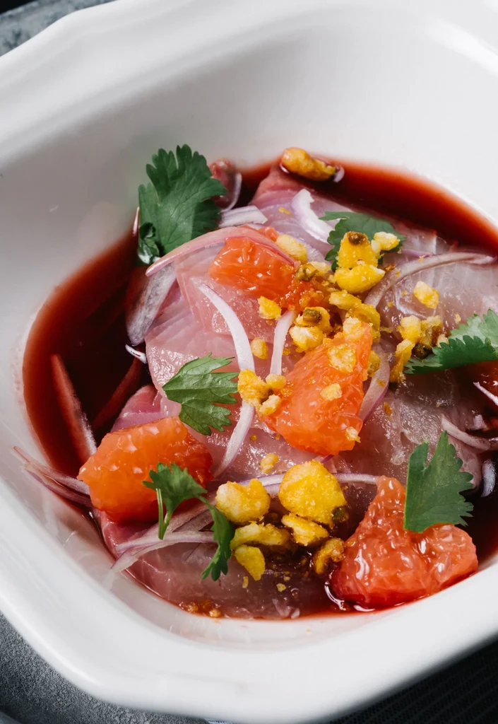 A white bowl filled with ceviche, grapefruit, red onion, cilantro, and red sauce.