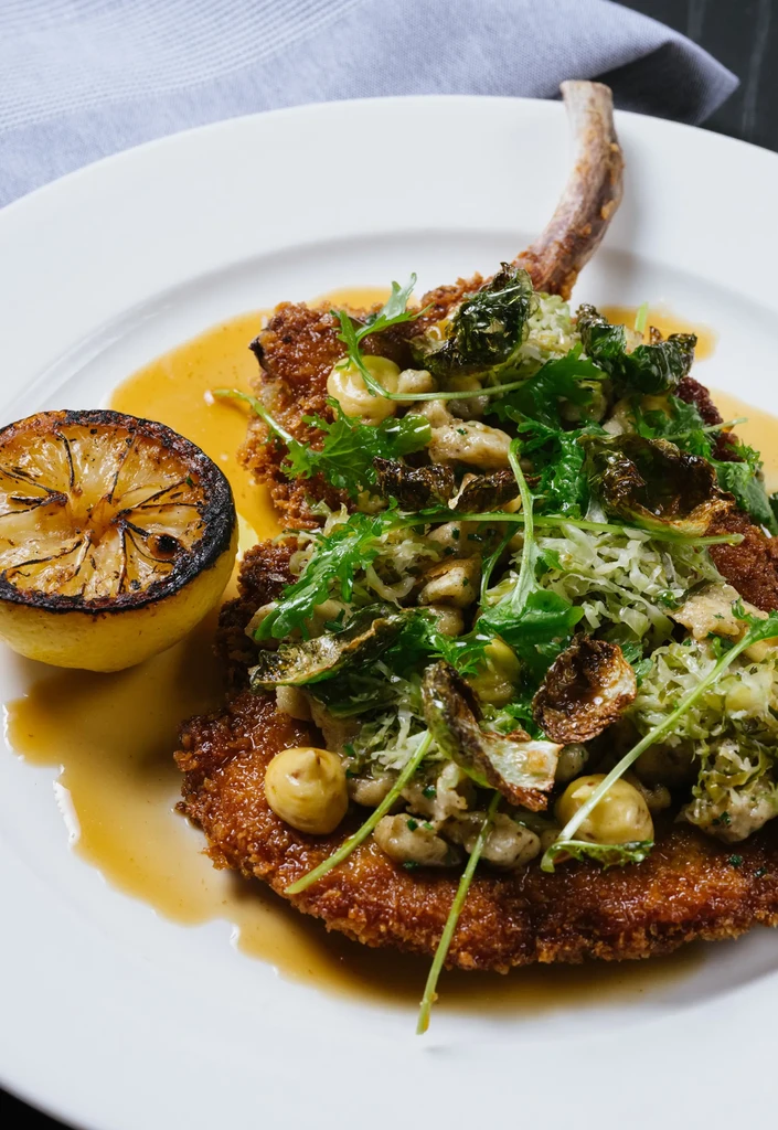 Breaded pork chop with greens, a grilled lemon, and sauce on a white plate.