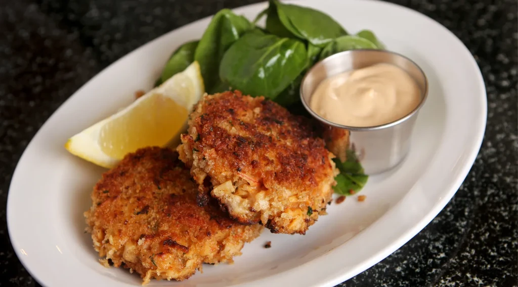 Two crab cakes, lemon wedge, spinach, and a sauce on a white plate.