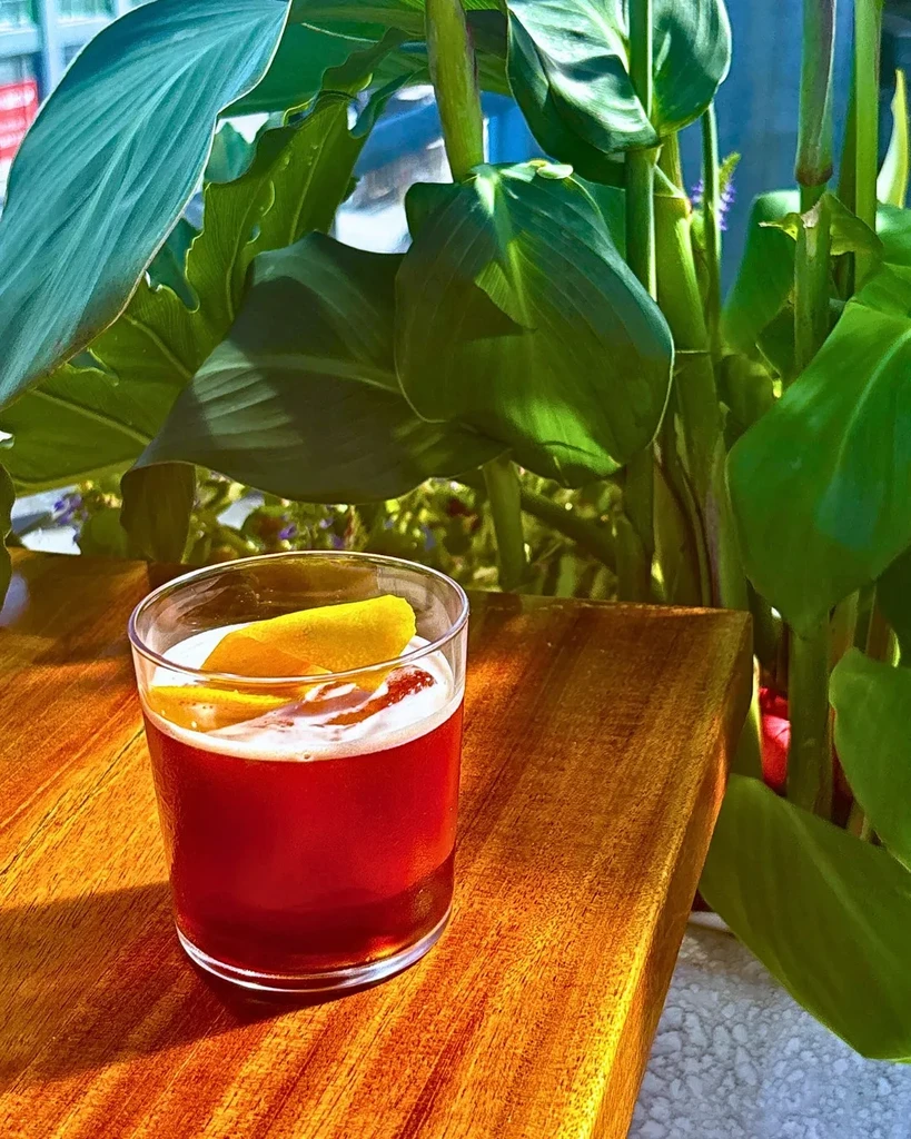 A red cocktail with orange peel on a wooden table, surrounded by plants.