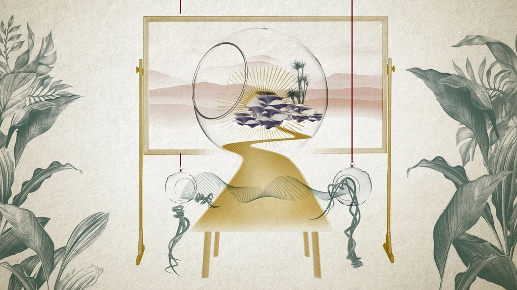 Illustration of a path, plants, mountains, and a glass orb on a table.