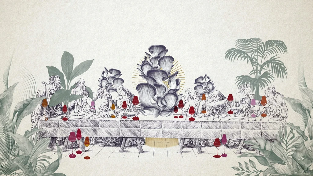 Artistic rendering of "The Last Supper" with mushrooms and tropical plants.