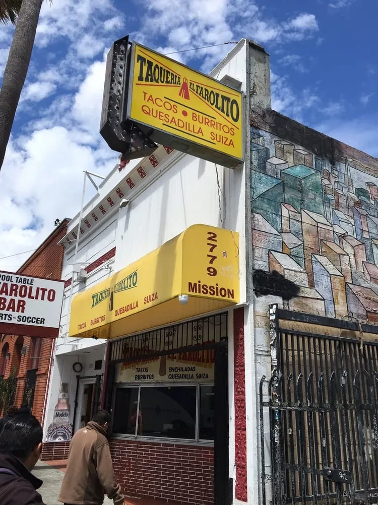Taqueria El Farolito on a sunny day in San Francisco.
