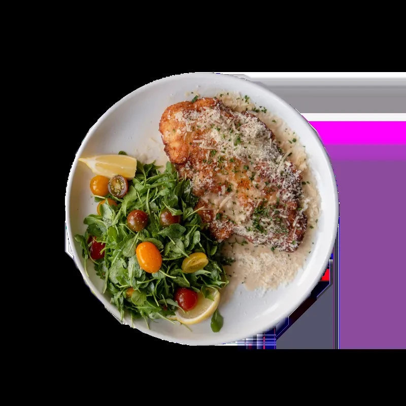Breaded chicken with sauce, cheese, and a side salad on a white plate.