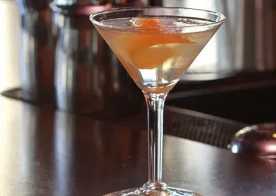 A martini glass with a clear cocktail and orange slice garnish.