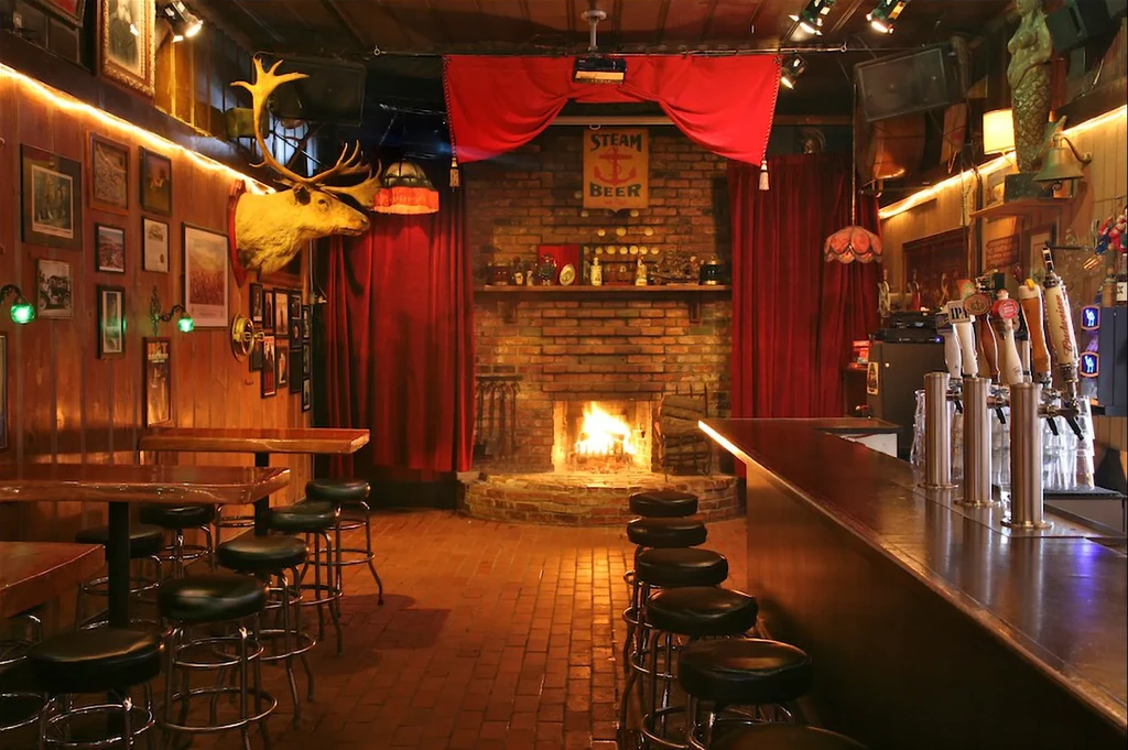 Rustic bar with a taxidermy deer head and a fireplace.