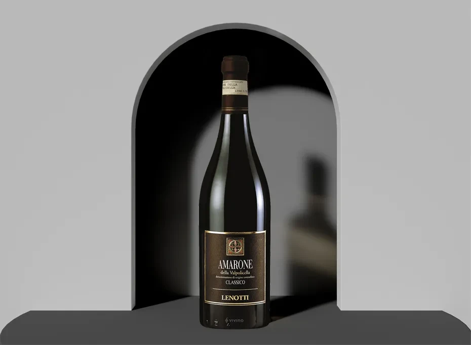 A bottle of Lenotti Amarone della Valpolicella Classico wine in an archway.