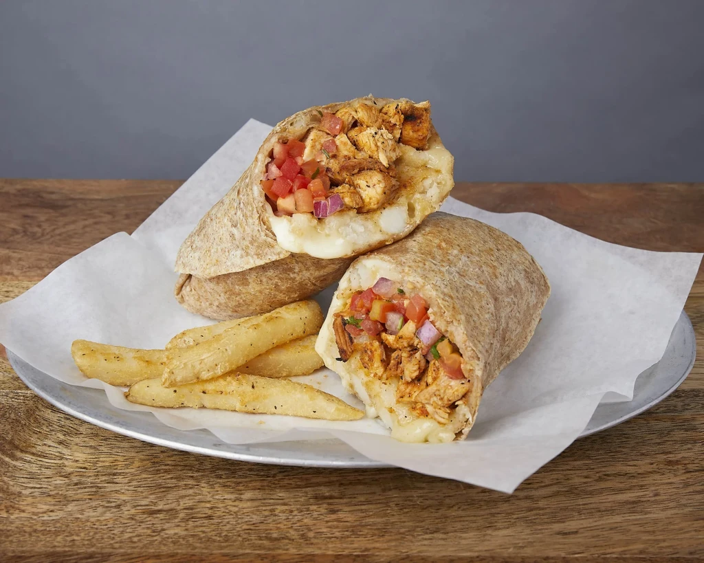 Two chicken wraps with cheese and salsa, and a side of fries.