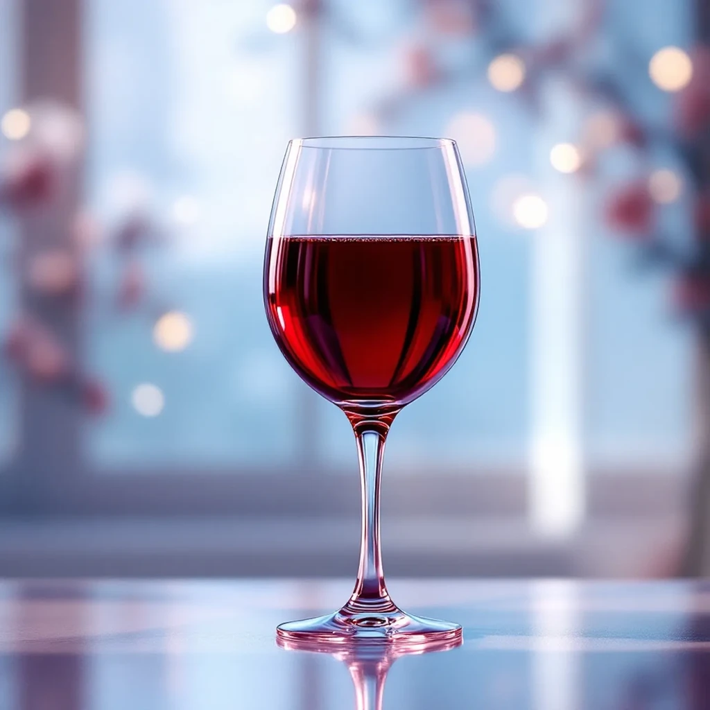 A glass of red wine reflects on a glossy surface.