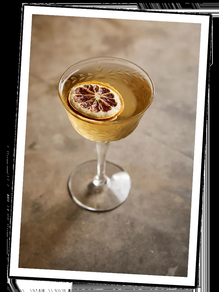 A stemmed glass cocktail with a dried orange slice.