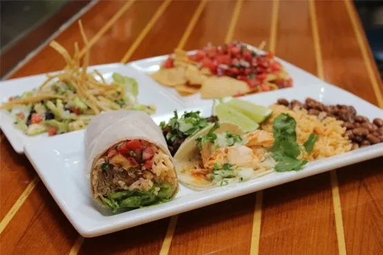A white plate with a burrito, tacos, rice, beans, salad, and chips.