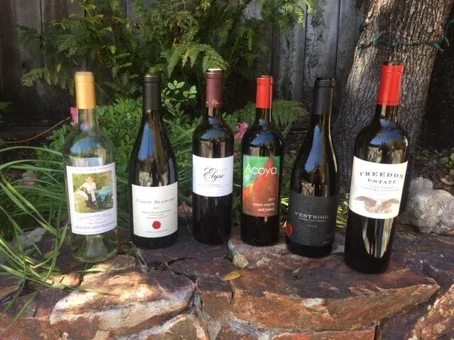 Six bottles of red and white wine on a stone ledge.
