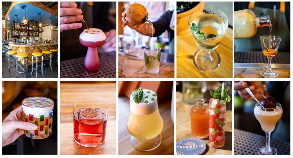 A grid of ten colorful cocktails with diverse garnishes and glasses.