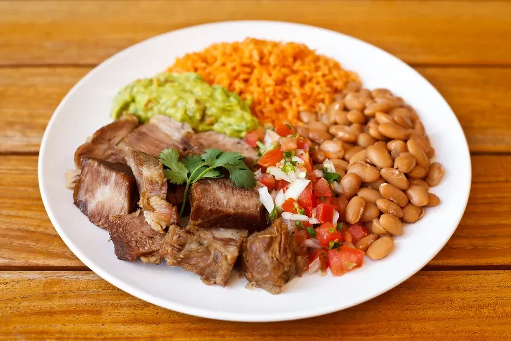 A plate of carnitas, beans, rice, pico de gallo, and guacamole.