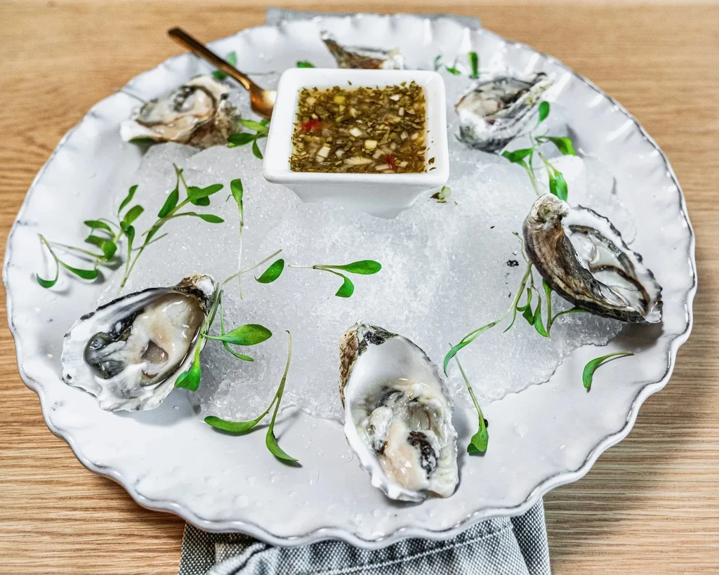Six oysters on crushed ice with sauce and green garnish.