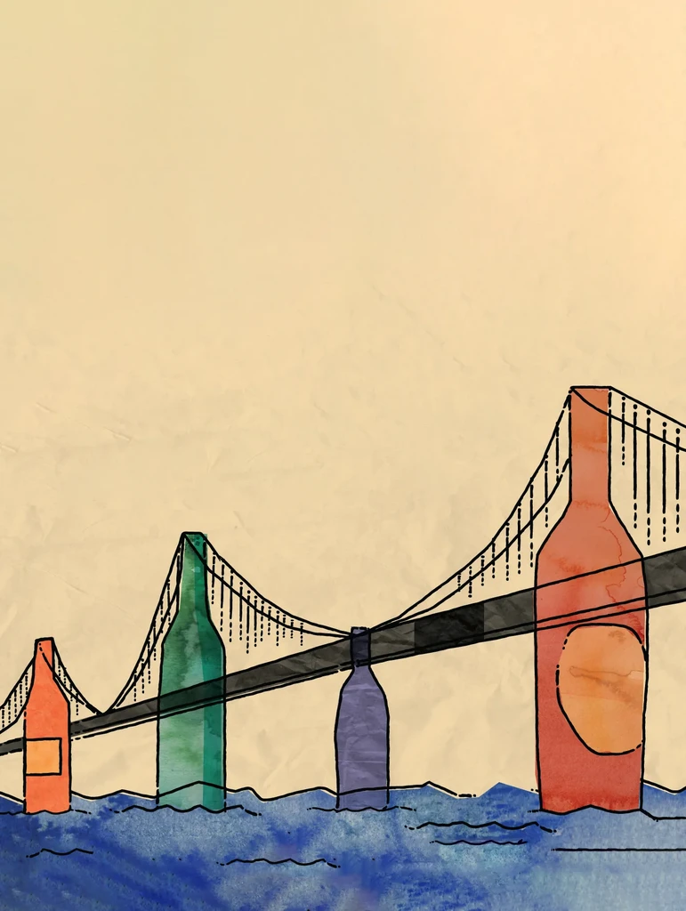 Watercolor illustration of a bridge made of colorful bottles over blue water.