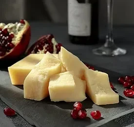 Chunks of Parmesan cheese and pomegranate seeds on a dark board.