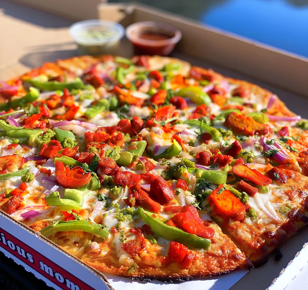 A vibrant chicken tikka pizza with peppers and red onions in a box.