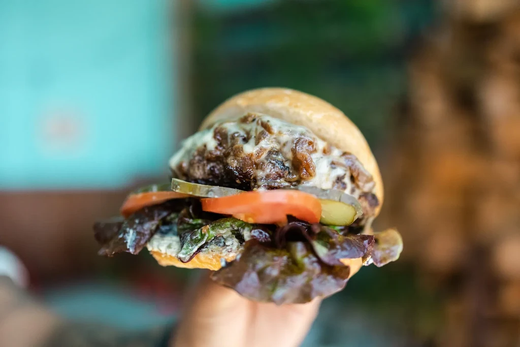 A close-up of a burger with melted cheese, caramelized onions, and pickles.