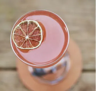 Overhead shot of a pink cocktail garnished with a dried citrus wheel.