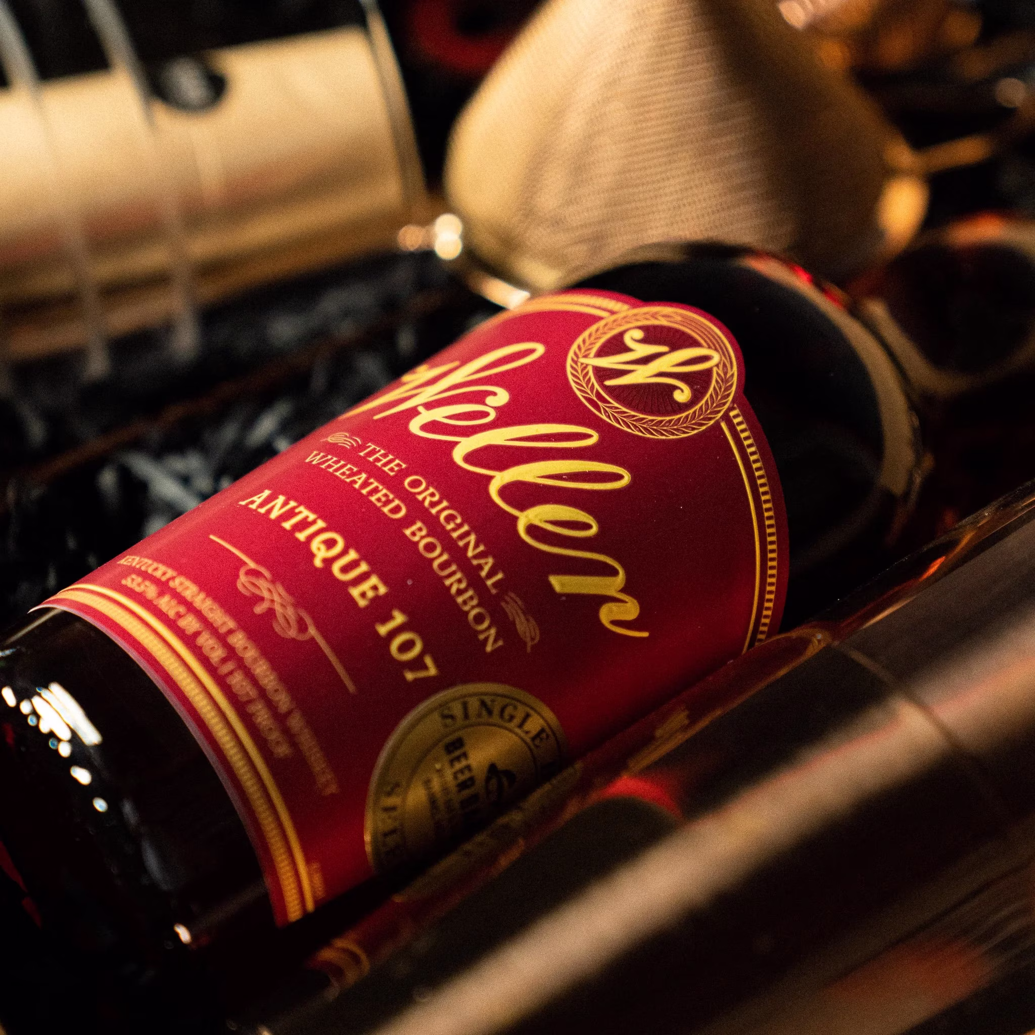 Bottle of W. L. Weller Antique 107 bourbon.
