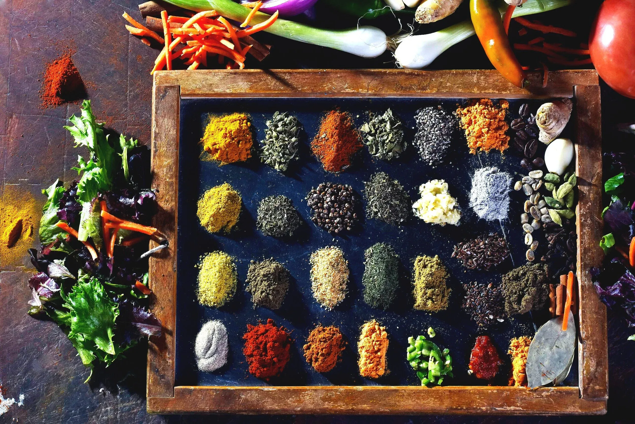 Assortment of colorful spices and fresh produce on a dark tray.