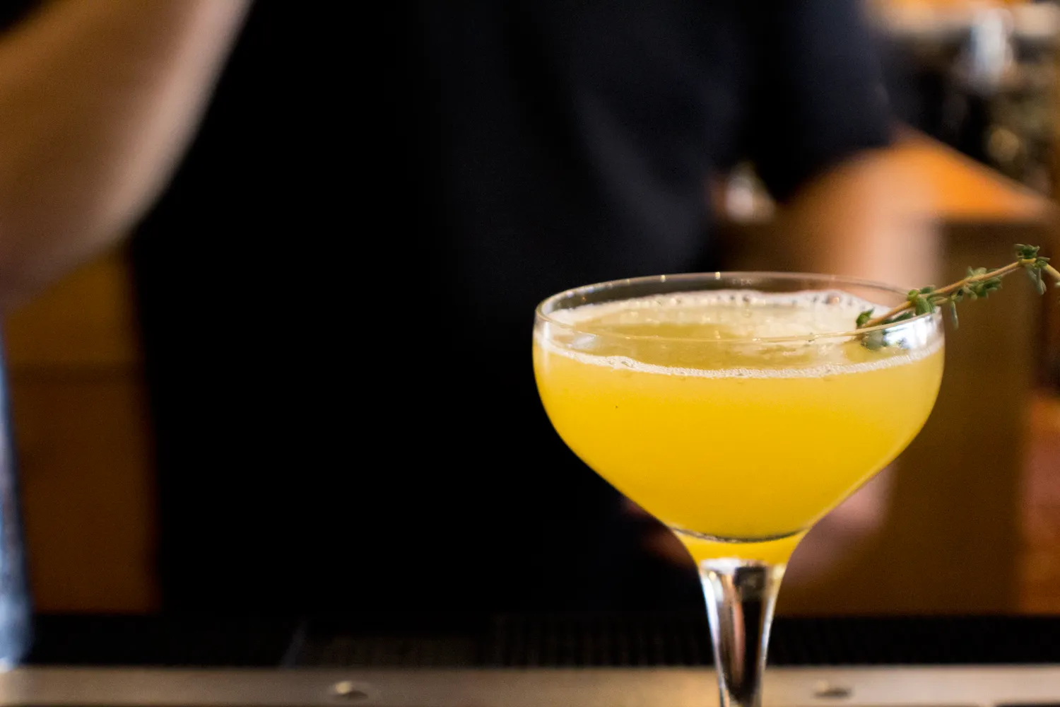 Yellow cocktail in a coupe glass with a thyme garnish.