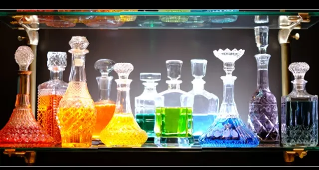 Glass decanters and bottles filled with rainbow-colored liquids on a shelf.