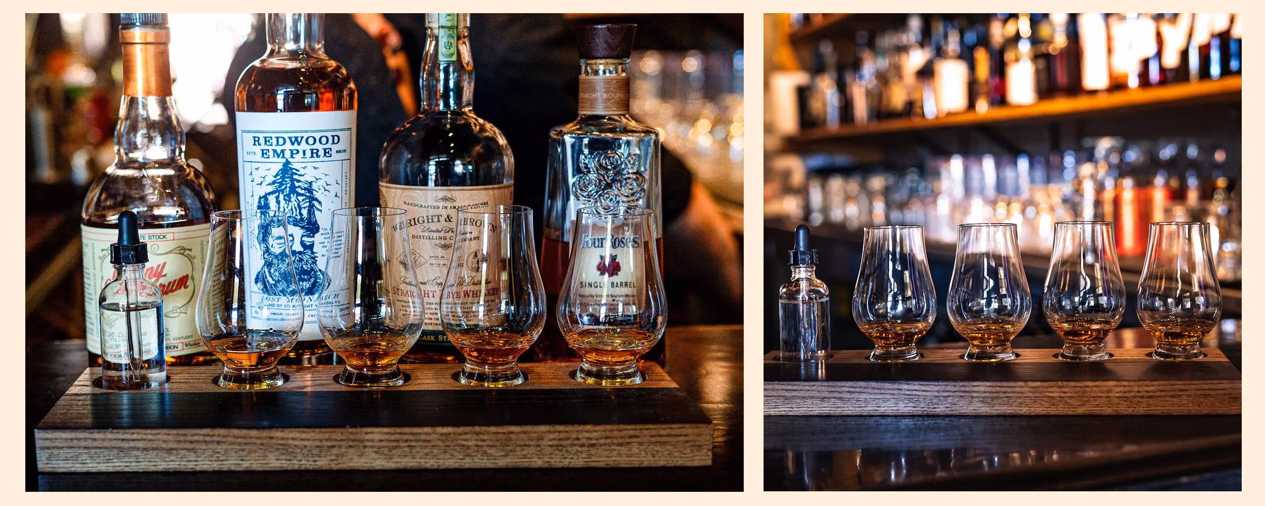 Whiskey tasting flight with four bottles, four glasses, and a dropper.