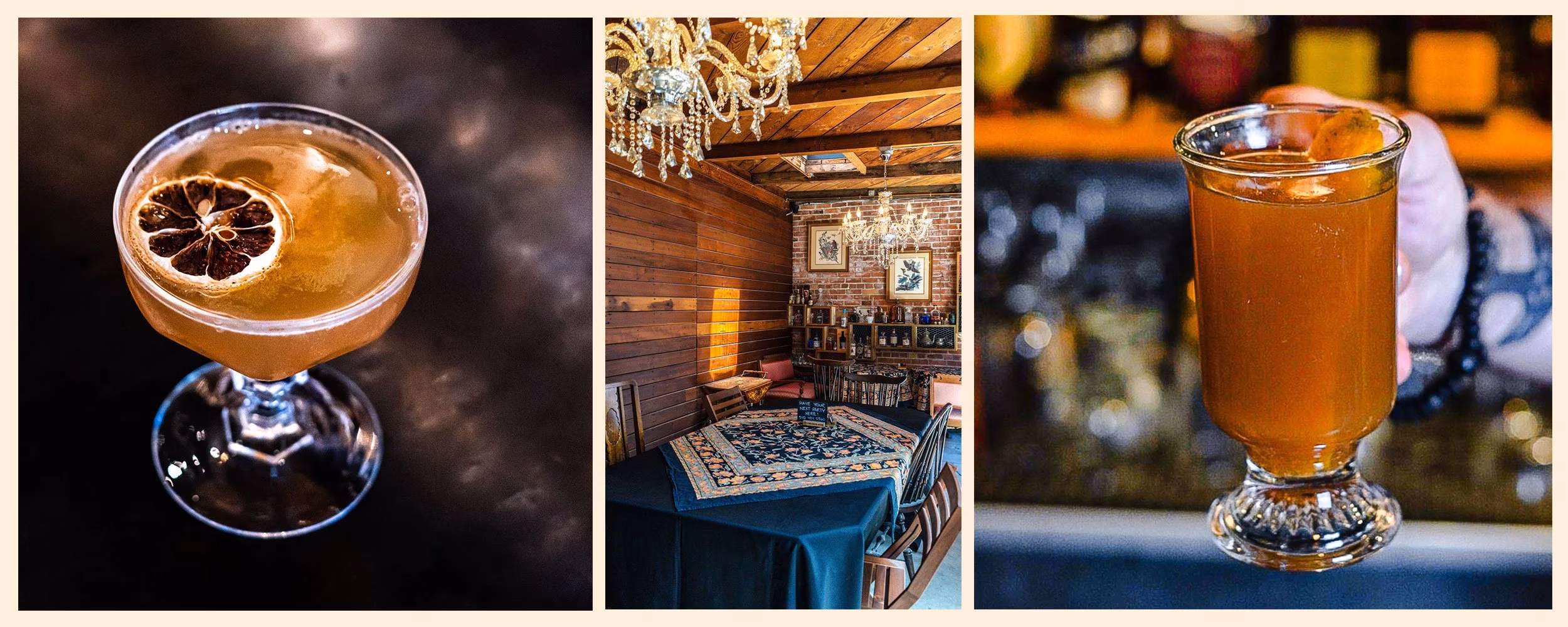 Two cocktails, and an interior with wood panels, brick wall, chandelier.