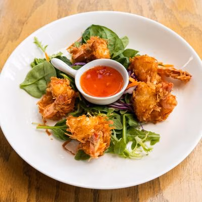Fried shrimp on salad with red dipping sauce on a white plate.
