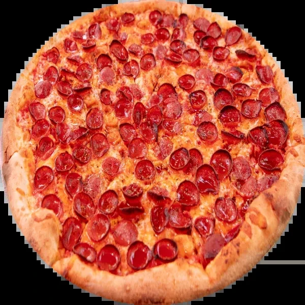 Large round pepperoni pizza with melted cheese and crisp crust.