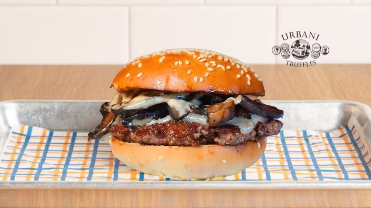 Cheeseburger with mushrooms, sesame bun, on a metal tray.