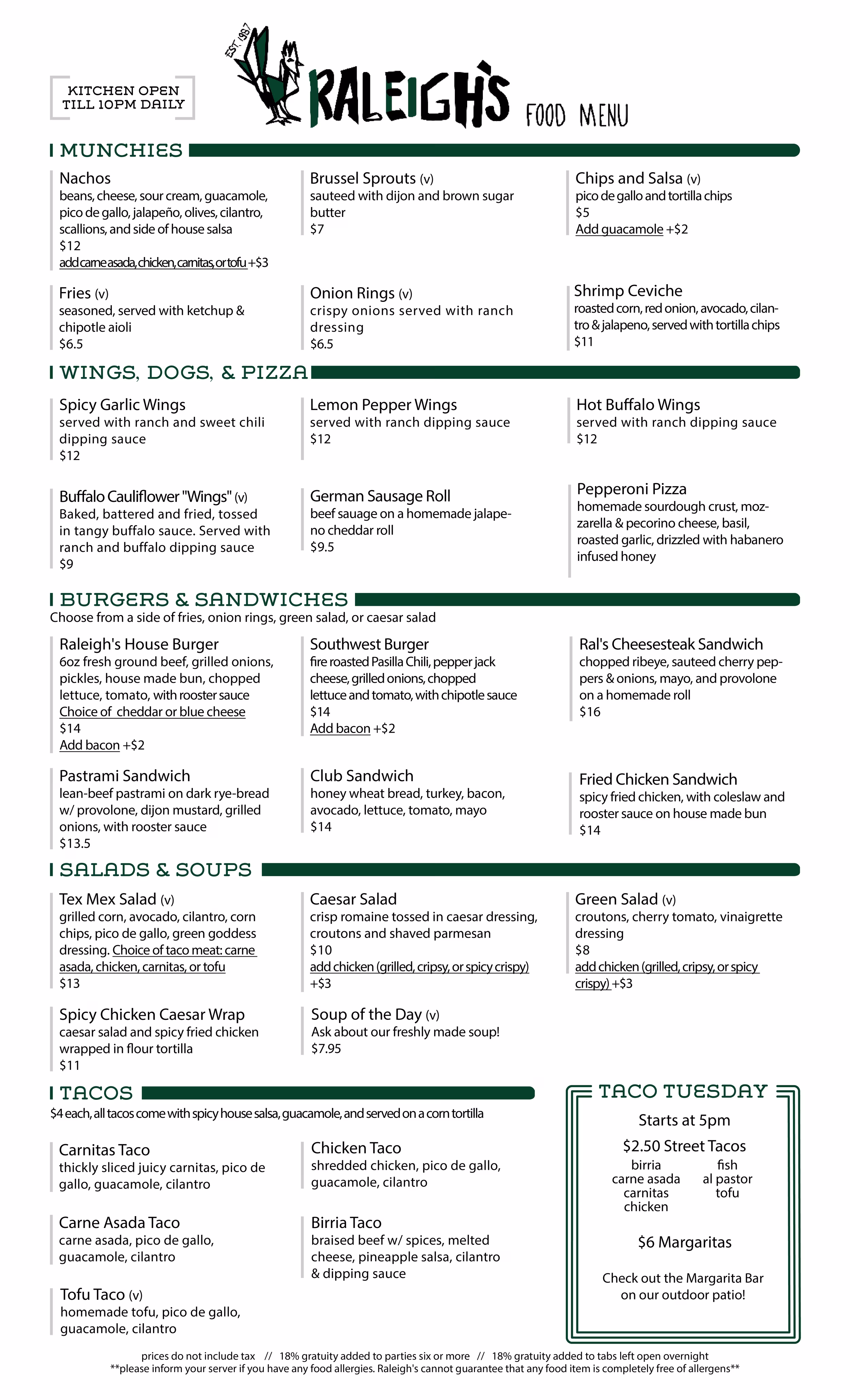 Raleigh's restaurant food menu with various dishes and prices.