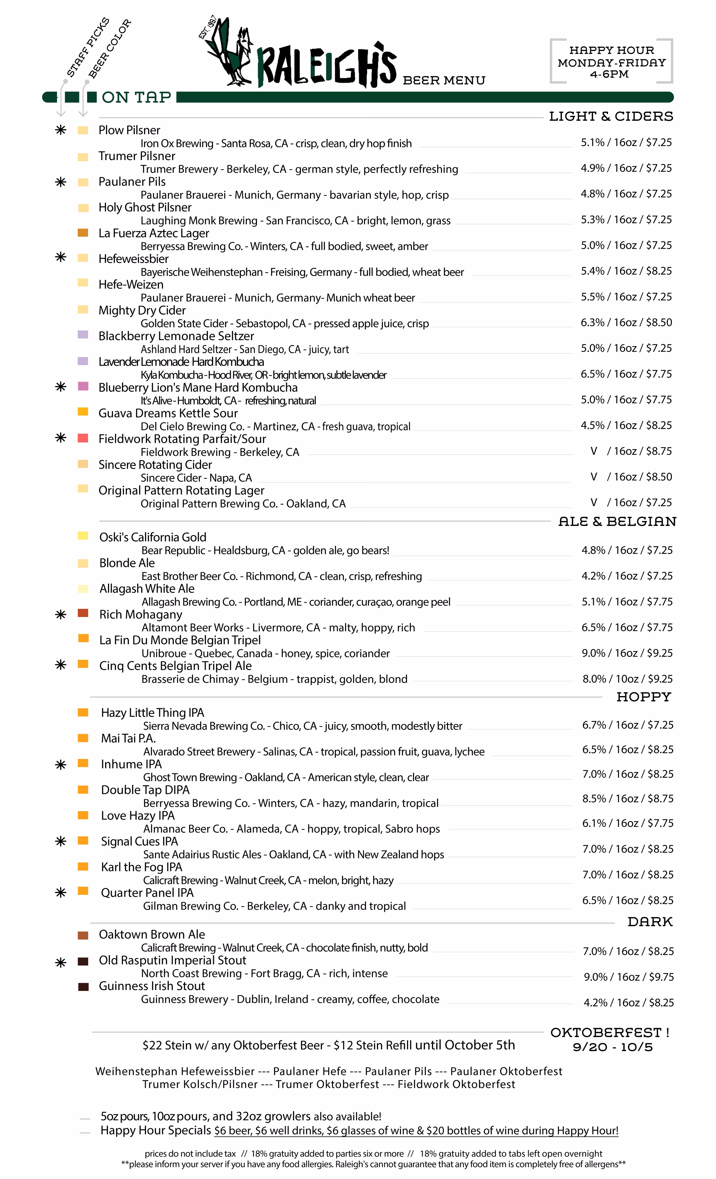 Raleigh's beer menu featuring on-tap beers, ciders, and Oktoberfest specials.