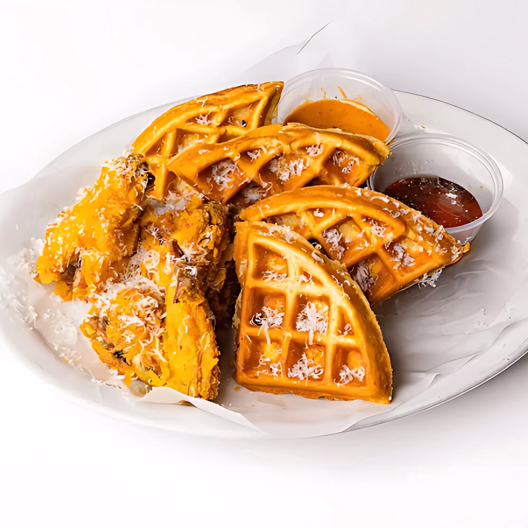 Plate of fried chicken and waffles with shredded topping and sauces.