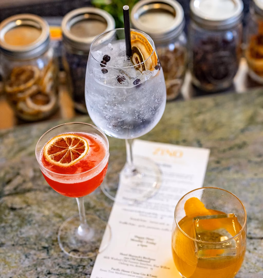 Three cocktails with garnishes and a menu on a stone counter.