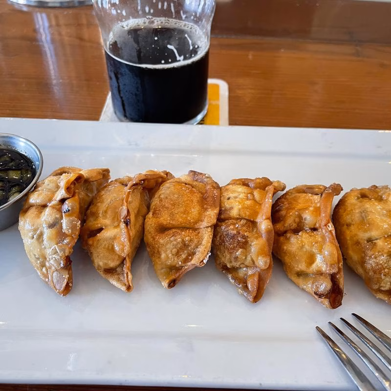 Six golden-brown fried dumplings, dipping sauce, and dark beer.