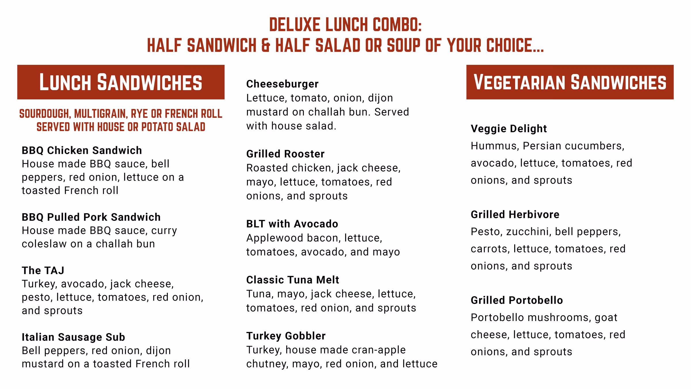 Deluxe lunch combo menu featuring sandwiches and vegetarian options.