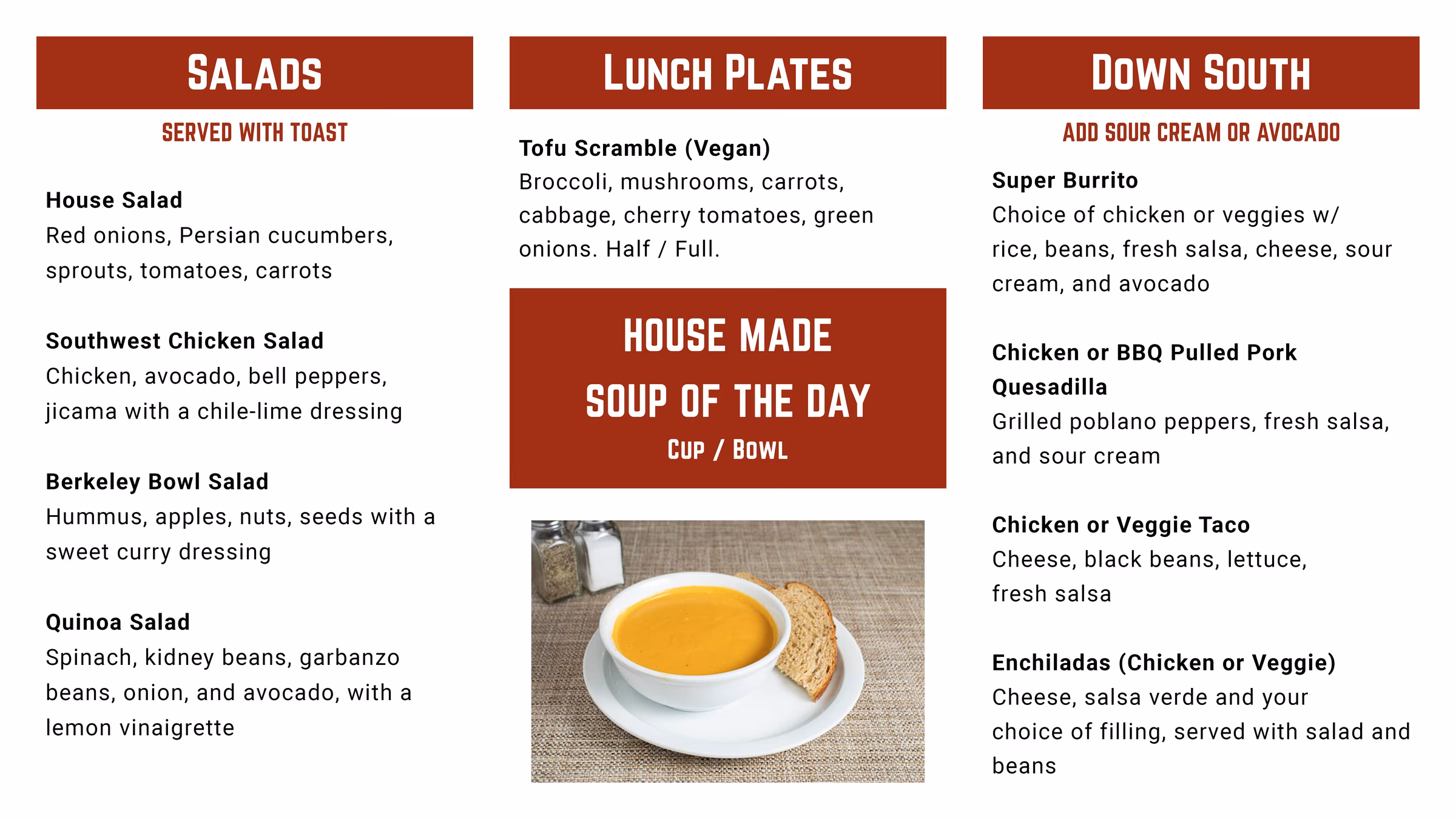 Restaurant menu with salads, lunch plates, and a bowl of soup.